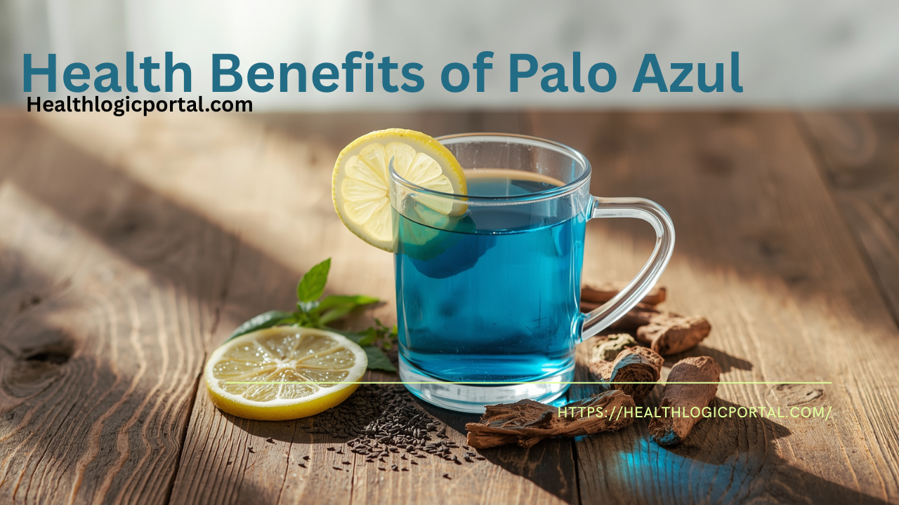 Cup of Palo Azul herbal tea showing natural blue color, used for kidney health, detox, and wellness benefits.