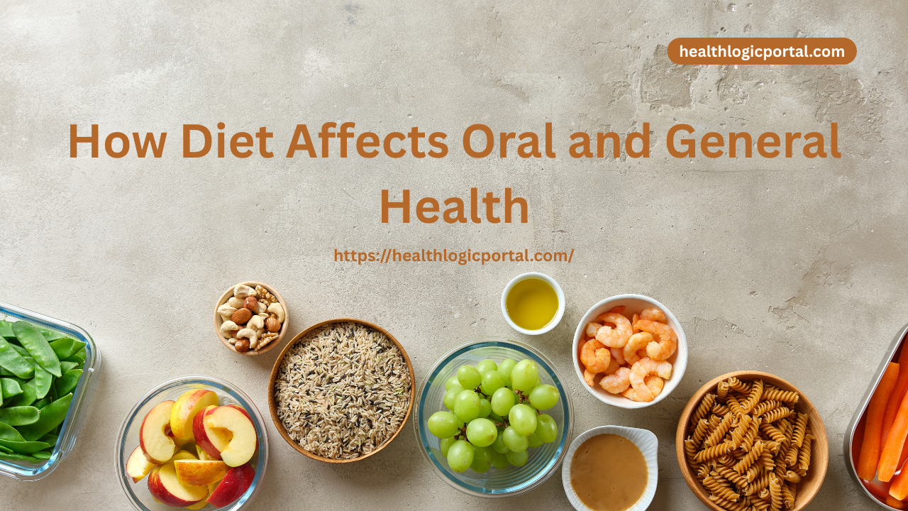Healthy foods including fruits, nuts, grains, and vegetables that support strong teeth and general health.