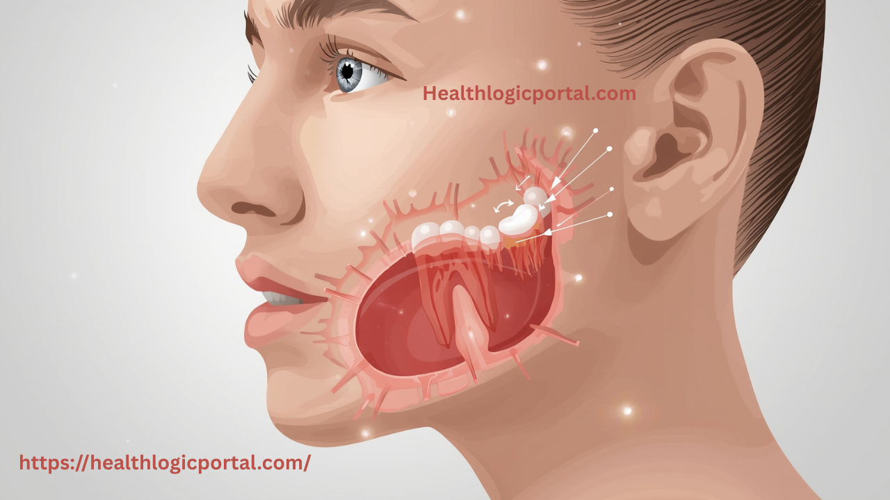 Medical diagram showing how a tooth infection spreads from gums to cheek and jaw