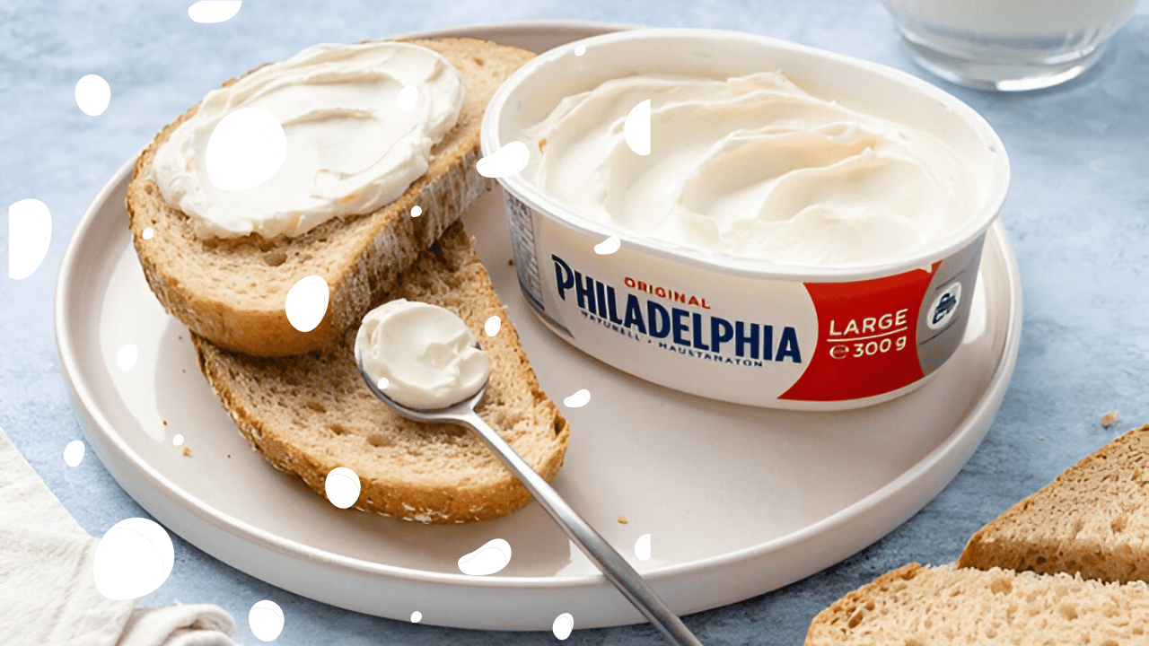 Philadelphia cream cheese with bread and vegetables, highlighting three health benefits including protein, calcium, and versatility in cooking
