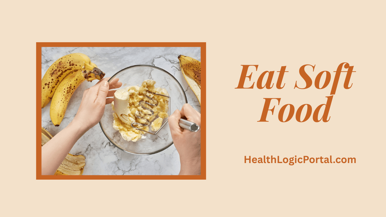 Soft foods to eat after wisdom teeth removal at night – mashed banana, Greek yoghurt, mashed potatoes, and soup, alongside a warning to avoid spicy, hot, and crunchy foods.