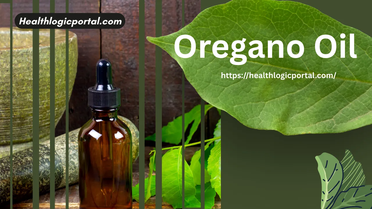 Oregano oil bottle with fresh green leaves – natural remedy for tooth infection and gum health.
