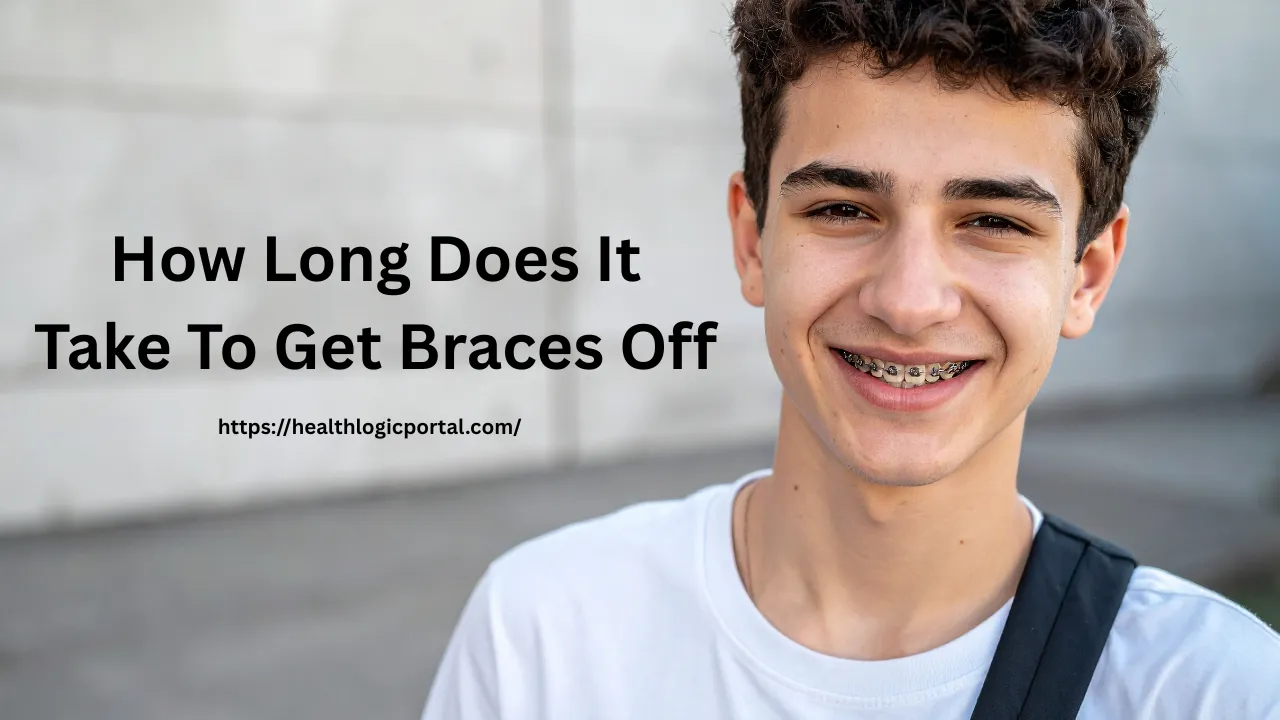 Teenager smiling with braces, orthodontic treatment, and question of how long it takes to get braces off.