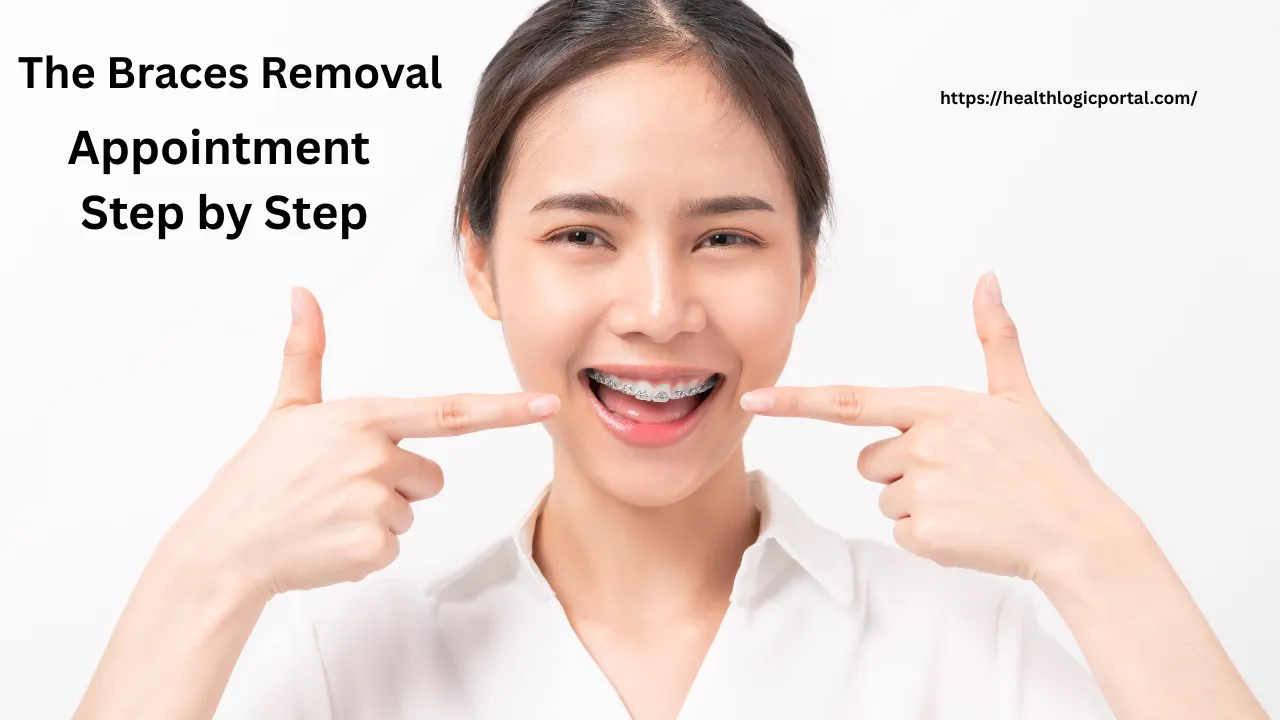 Smiling woman with dental braces pointing at her teeth, representing the step-by-step braces removal appointment process.