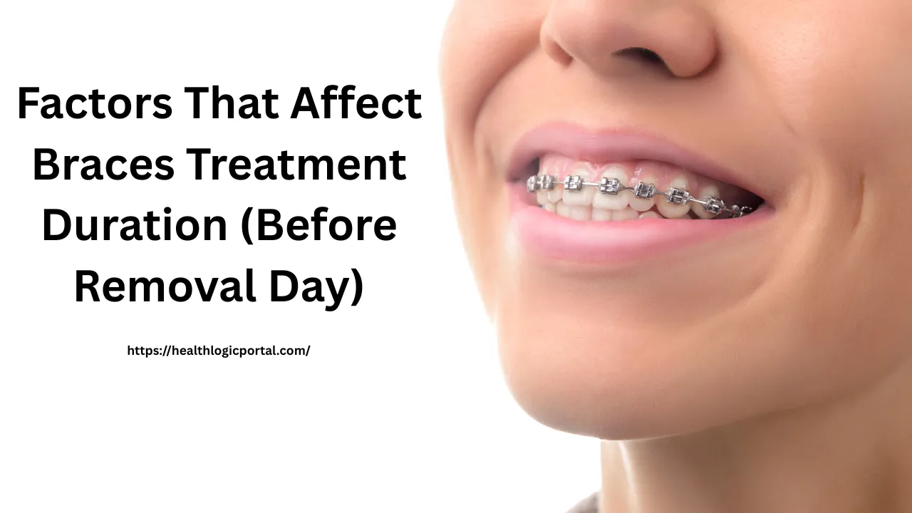 Close-up of a smiling woman with metal braces, highlighting factors that affect orthodontic treatment duration before braces removal day.