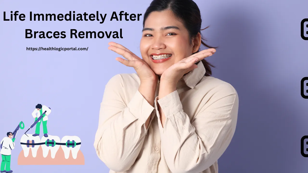 Smiling woman with braces showing happiness immediately after braces removal.