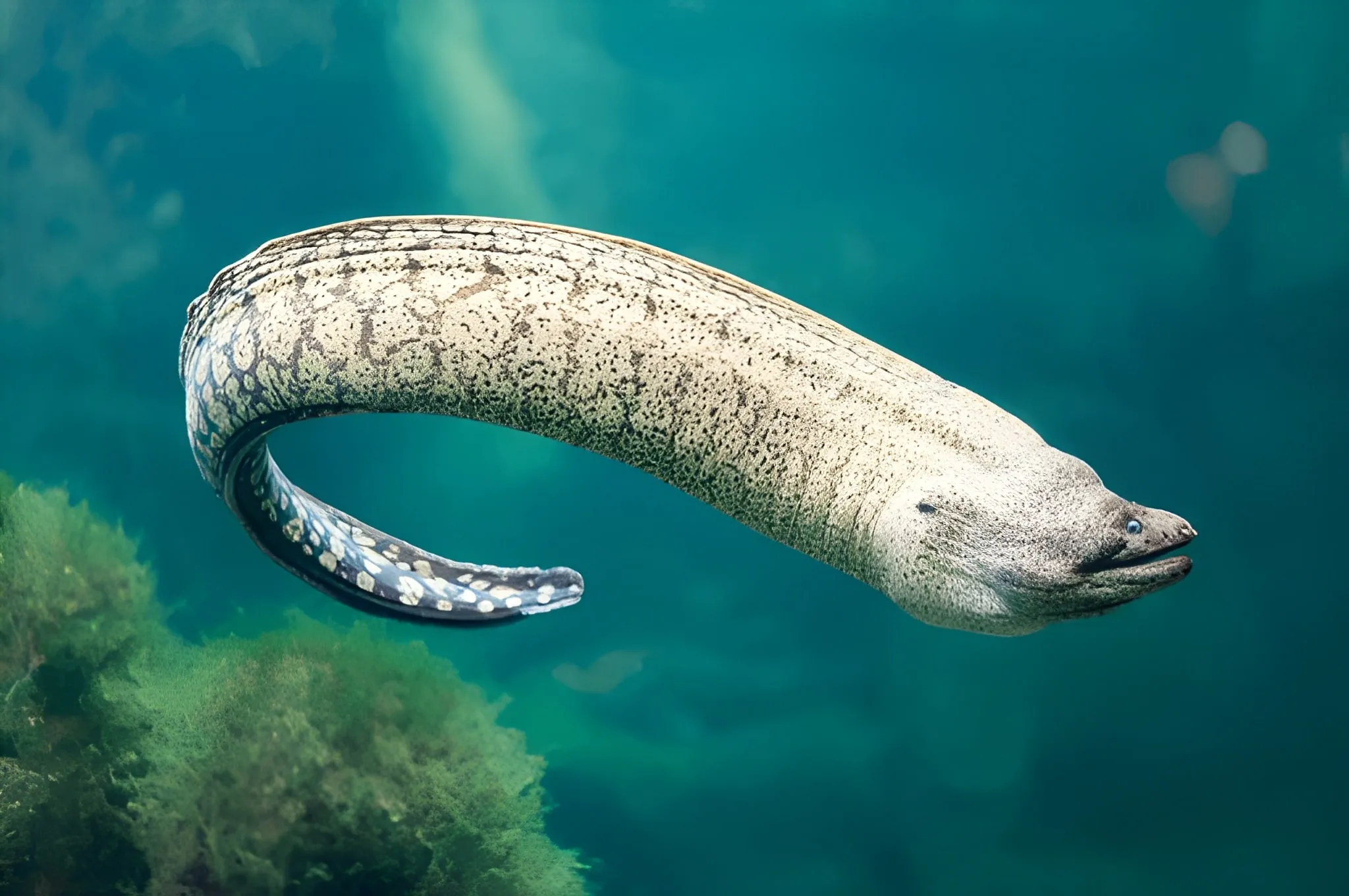 Eel swimming underwater in clear blue ocean with coral reef background