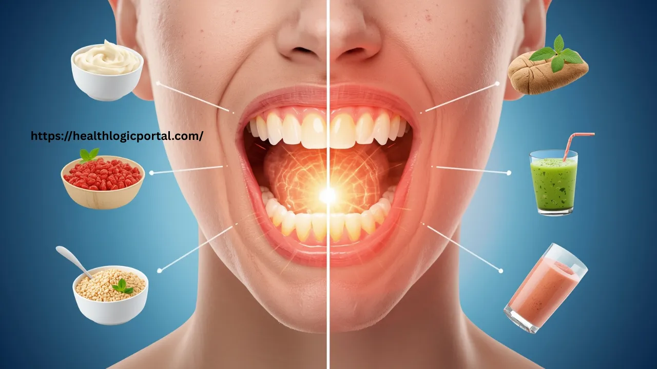 A healing mouth after wisdom teeth removal with soft food options like yogurt, smoothies, and mashed meals, showing the importance of choosing from the list of soft foods to eat after surgery.