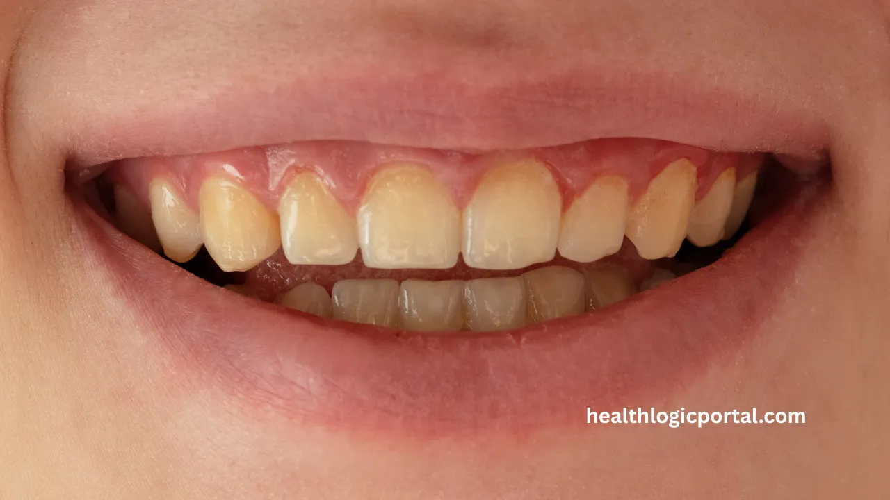 Close-up of teeth with heavy plaque and tartar buildup on lower molars