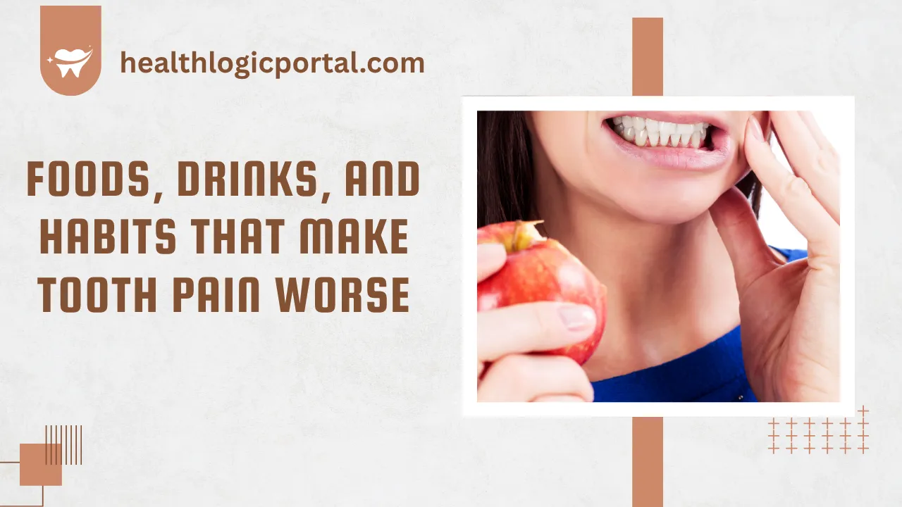 Woman with toothache after eating an apple – foods, drinks, and habits that make tooth pain worse.