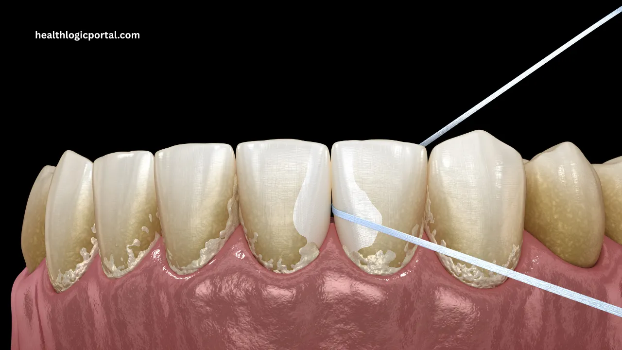 Close-up of teeth with plaque buildup and flossing, showing natural ways to remove plaque from teeth
